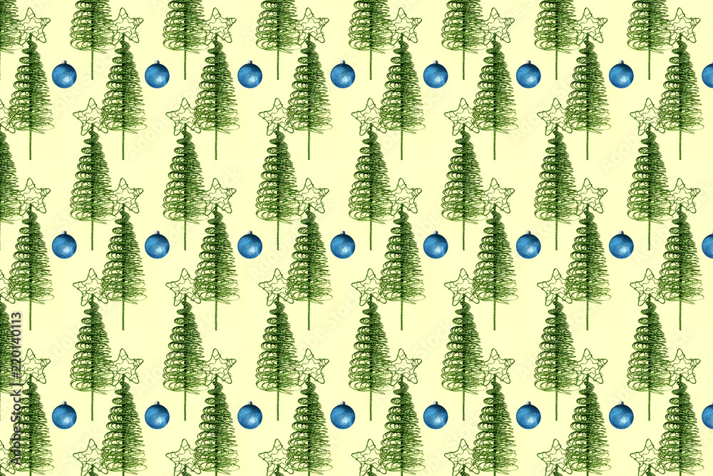 Pattern of small Christmas trees and blue Christmas balls