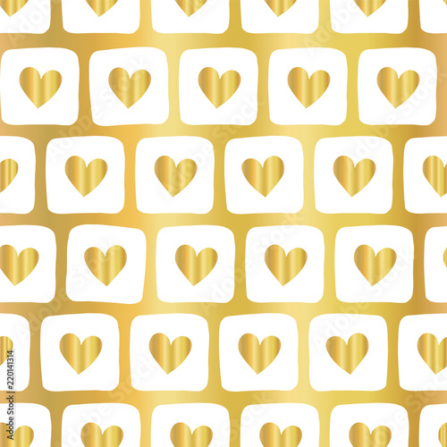 Gold foil heart shape seamless vector pattern. White squares with heart on golden background. Elegant for web banner, blog, digital paper, gift wrap, Christmas, Valentines, invite, wedding, birthday