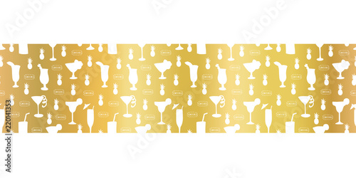 Gold foil cocktail glass seamless vector pattern border. White alcohol drinking glasses champagne flutes on golden background. For restaurant, bar menu, summer party, celebration, wedding, birthday
