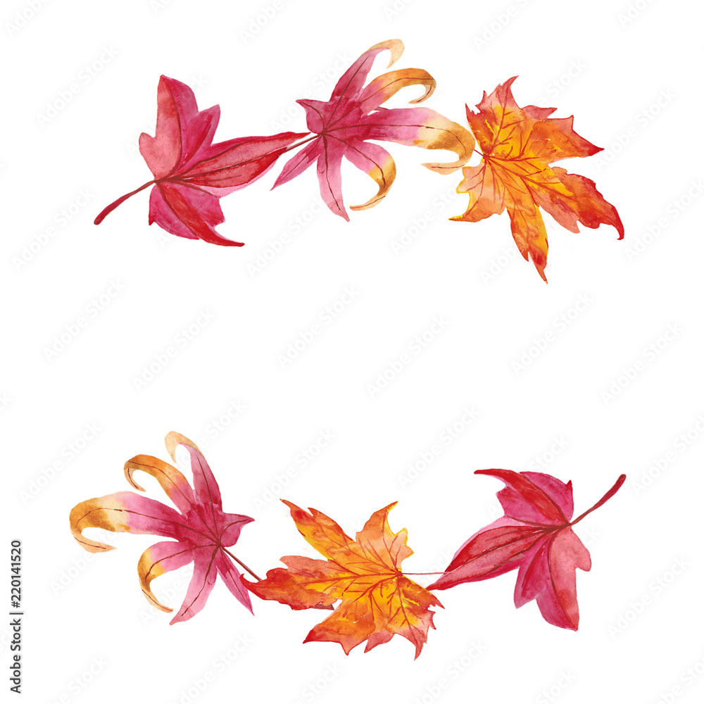 Watercolor autumn wreath with leaves and branches isolated on white background. Watercolor autumn wreath with leaves and branches isolated on white background.