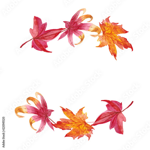 Watercolor autumn wreath with leaves and branches isolated on white background.