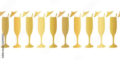 Gold foil champagne flutes seamless vector pattern border. Golden cocktail alcohol drinking glasses on white background. For restaurant, bar menu, summer party, celebration, wedding, birthday, invites