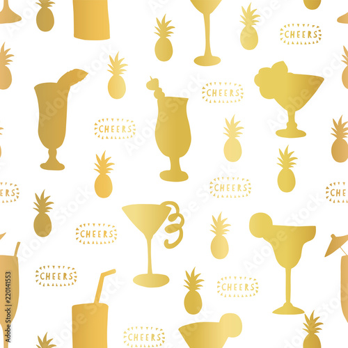 Gold foil cocktail glass seamless vector pattern. Golden alcohol drinking glasses on white background with Cheers lettering and pineapples. For restaurant, bar menu, decor, summer party, celebration