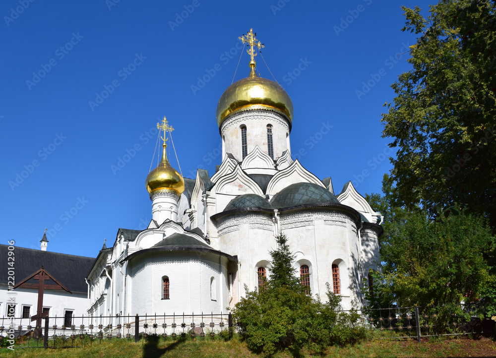 The Nativity Cathedral of the Savvino-Storozhevsky Monastery was built in 1405 in the old Moscow style. Author unknown. Russia, Zvenigorod, August 2018