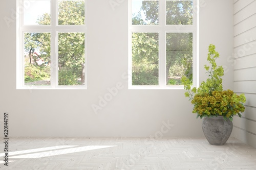 White empty room with summer landscape in window. Scandinavian interior design. 3D illustration