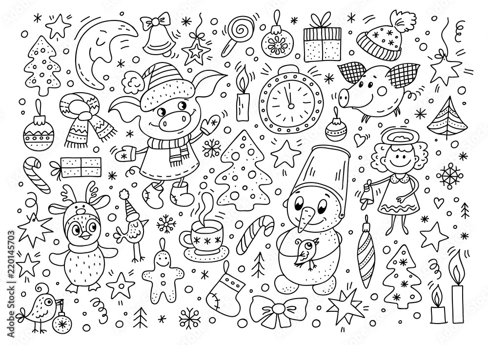Big set of Christmas design element in doodle style Big set of Christmas design element in doodle style