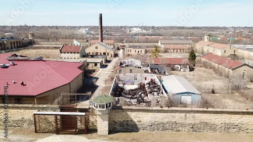 Aerial of the derelict and abandoned Joliet prison or jail, a historic site since construction in the 1880s. photo