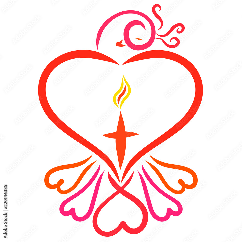 Elegant bird with hearts and cross with flame Elegant bird with hearts and cross with flame