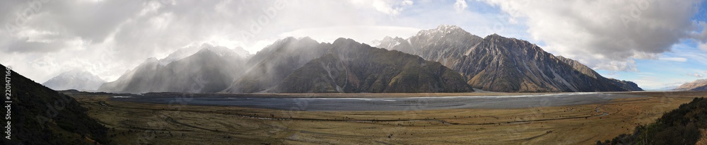 Panoramic of Mt Cook plateau in New Zealand , on the south island.