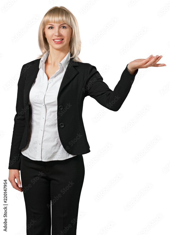 Woman holding out one arm to display something Woman holding out one arm to display something