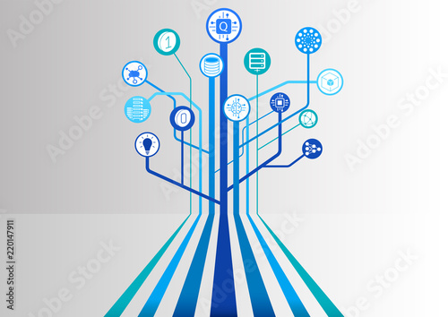 Quantum computing vector illustration with icons and tree structure branching out