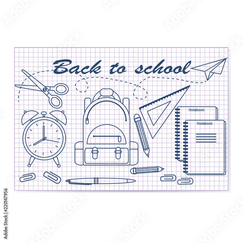 Back-to-school-Vector-illustration-School-notebook-with-painted-pen-school-backpack-ruler-alarm-clock