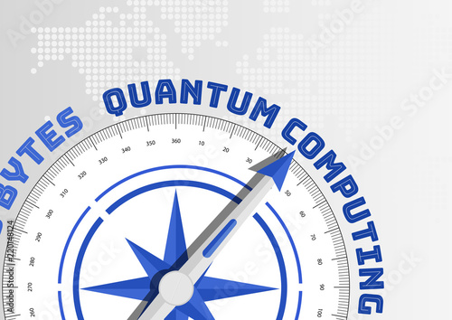 Quantum computing concept with compass pointing towards text