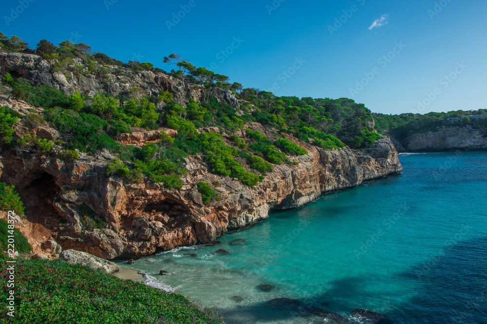 Spain Mediterranean Sea, Majorca beach of Cala Moro beautiful seaside bay, Balearic Islands.