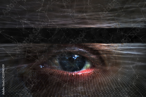 Abstract blurry human eye on futuristic computer cyberspace network background.