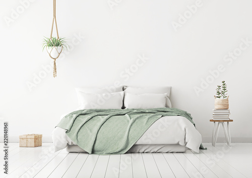 Fototapeta Naklejka Na Ścianę i Meble -  Home bedroom interior mockup with bed, green plaid, pillows and plants on empty white wall background. 3D rendering.