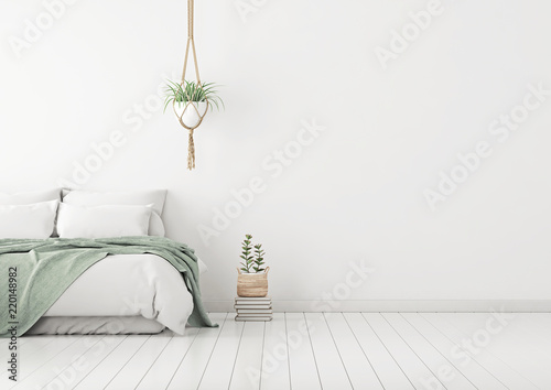 Home bedroom interior mockup with bed, green plaid, pillows and plants on empty white wall background. Free space on right. 3D rendering.