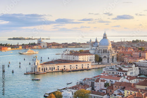 Beautiful views of Santa Maria della Salute and the Venetian lagoon in Venice, Italy