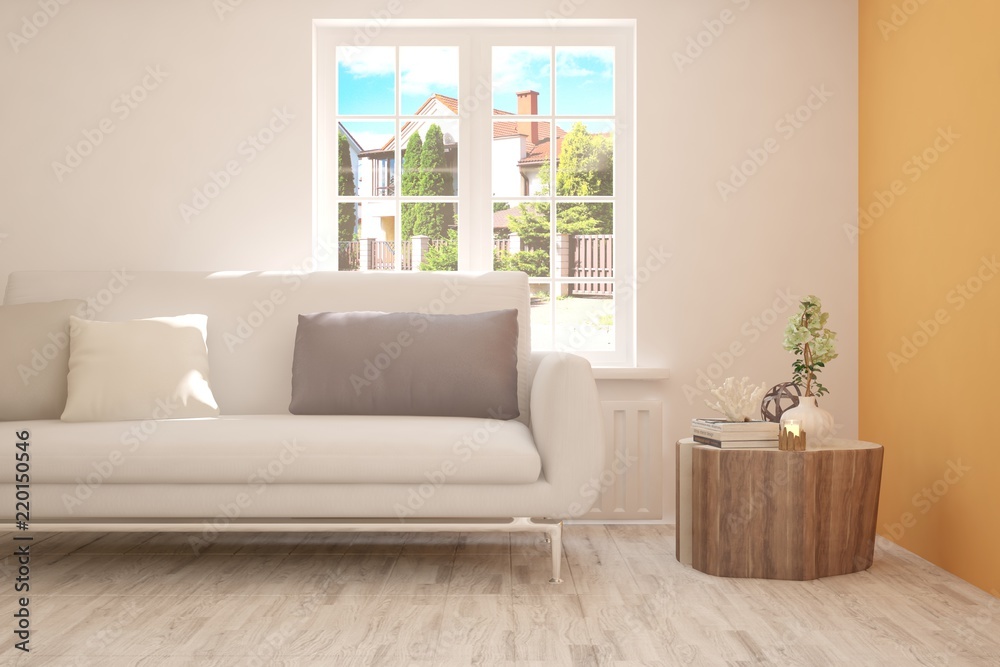 Fototapeta premium Idea of white room with sofa and summer landscape in window. Scandinavian interior design. 3D illustration