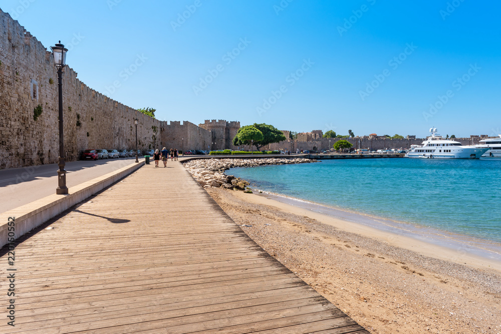 Wooden coastal promenade in Rhodes town. Greece