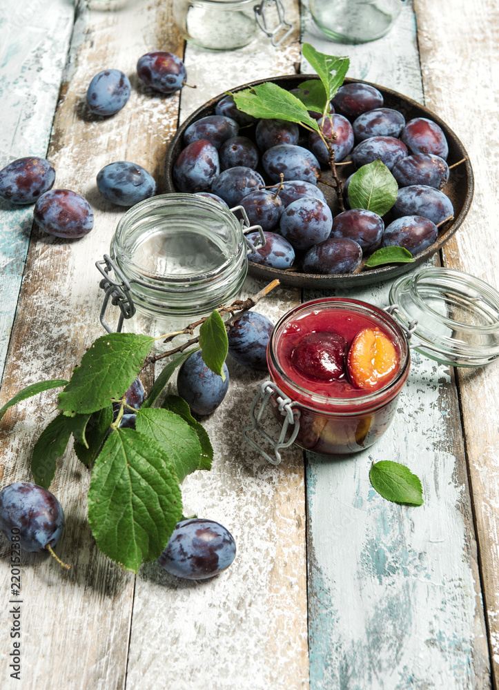 Plums marmalade jar Fruit jam wooden background Plums marmalade jar Fruit jam wooden background