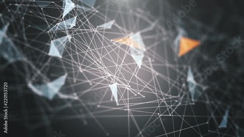 Plexus of abstract gray geometrical lines with moving triangles and dots on a black background with slow motion. looping cg animation.