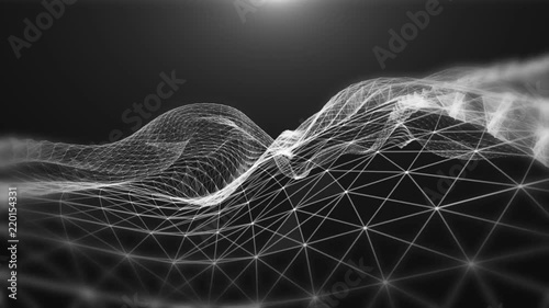 Plexus fantasy abstract technology and motion background. Animated gray background of spinning spheres with lines and depth of field settings.