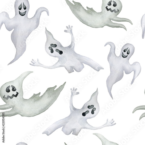 Seamless pattern with halloween ghosts on white background.