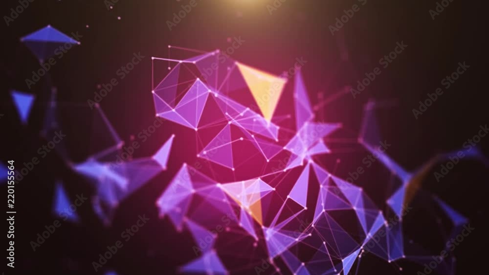 Plexus of abstract pink geometrical lines with moving triangles and dots on a black.background. Slow motion. Loop animations multicolored.