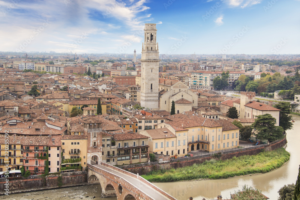 Beautiful view of the panorama of Verona, the Lamberti tower and the Ponte Pietra bridge in Verona, Italy