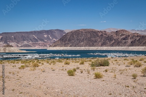 Lake Mead Nevada Shoreline with Marinas and mountains in the background