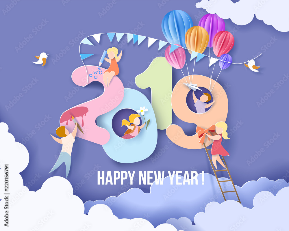 Naklejka premium 2019 New Year design card with kids, blue sky background. Vector illustration. Paper cut and craft style.