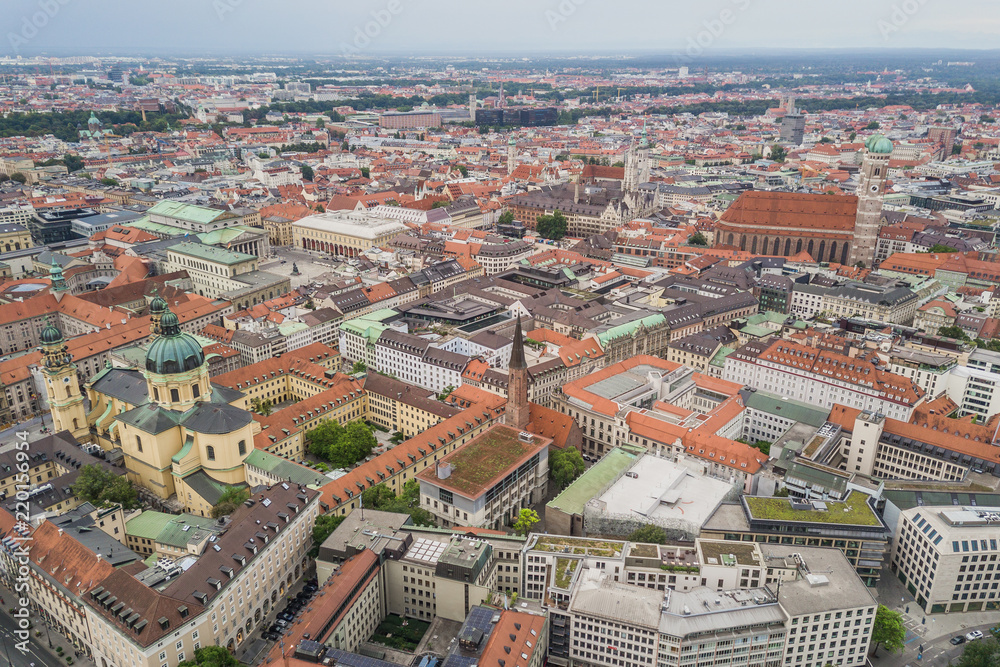 Flying above city center of Munich, Germany