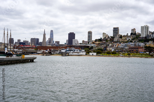 SAN FRANCISCO  CALIFORNIA  USA- MAY 15  2018  Ships at the quay and view of the city