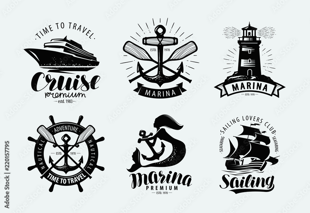 Naklejka premium Marina, sailing, cruise logo or label. Marine themes, set of emblems. Vector