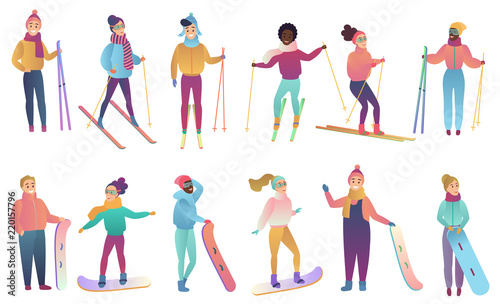Group of cute cartoon skiers and snowboarders in trendy gradient colors vector illustration.