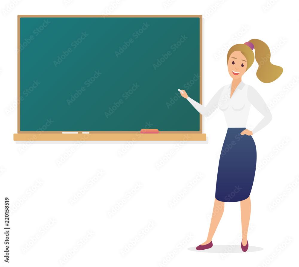 Young Woman Teacher Standing In Front Of Blank School Blackboard Vector Illustration Cute 3653