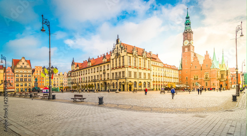 panorama of market Square of Wroclaw with gothic town hall , Wroclaw, Poland, retro toned