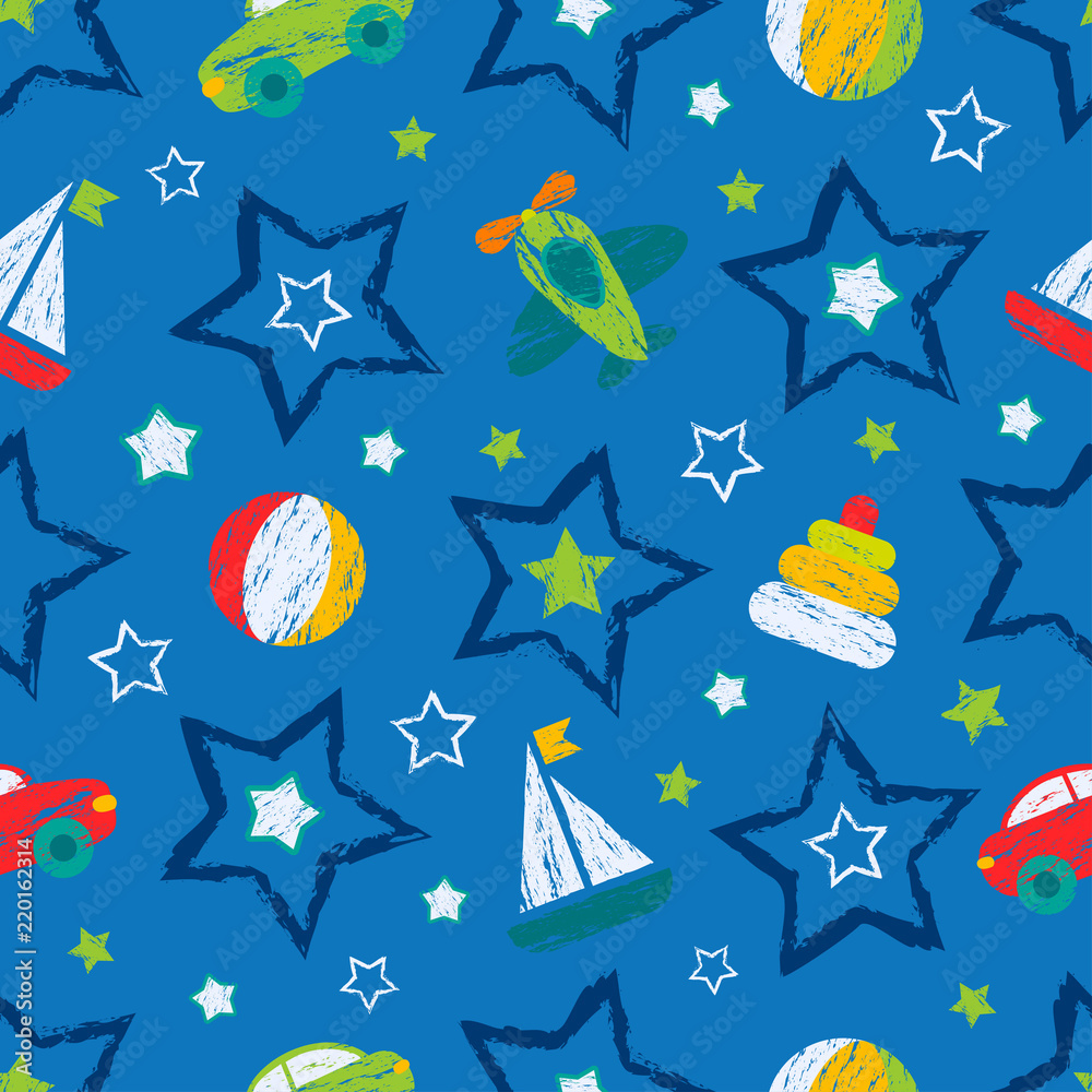 Abstract seamless pattern for girls, boys, clothes. Creative vector background with ball, geometric figures, stars, cars, aircraft.Funny wallpaper for textile and fabric.Fashion style.Colorful bright.