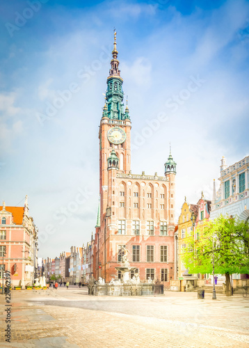 City Hall of Gdansk and Long street Dluga , Gdansk, Poland, retro toned © neirfy