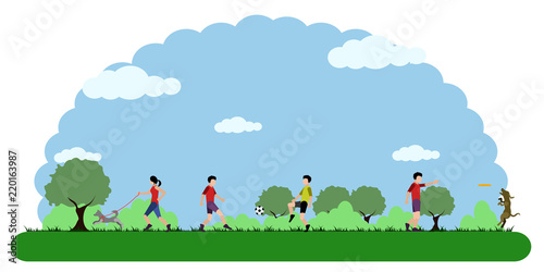 Landscape of a park with people doing exercises