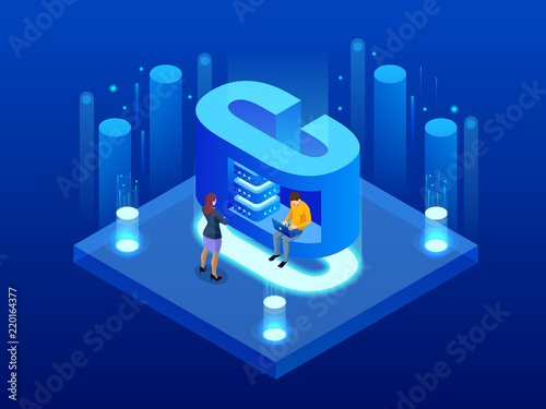 Isometric vector abstract Big Data visualization. Futuristic C letter design. Visual information complexity. Social network or business analytics representation