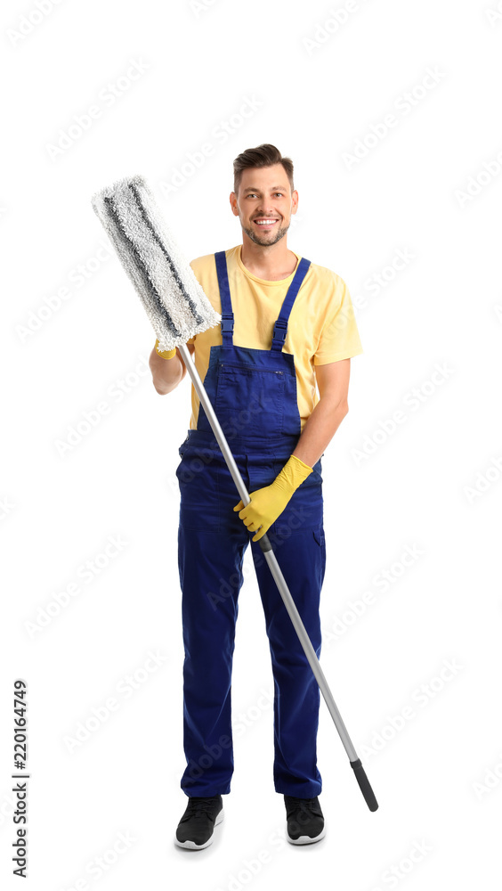 Male janitor with mop on white background. Cleaning service Male janitor with mop on white background. Cleaning service