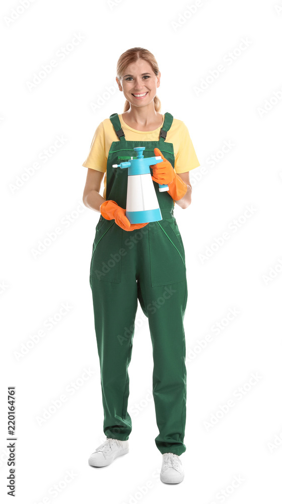 Female janitor with spray bottle of cleaning product on white background Female janitor with spray bottle of cleaning product on white background