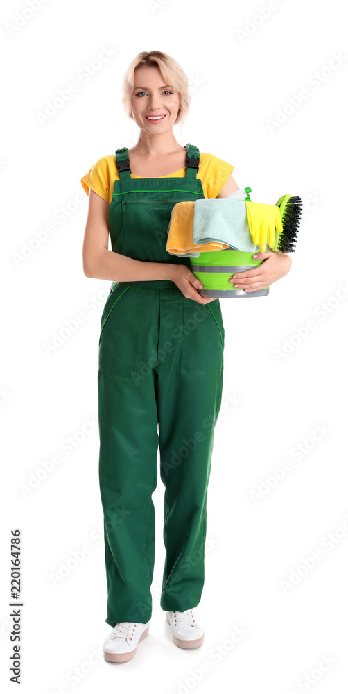 Female janitor with cleaning supplies on white background Female janitor with cleaning supplies on white background