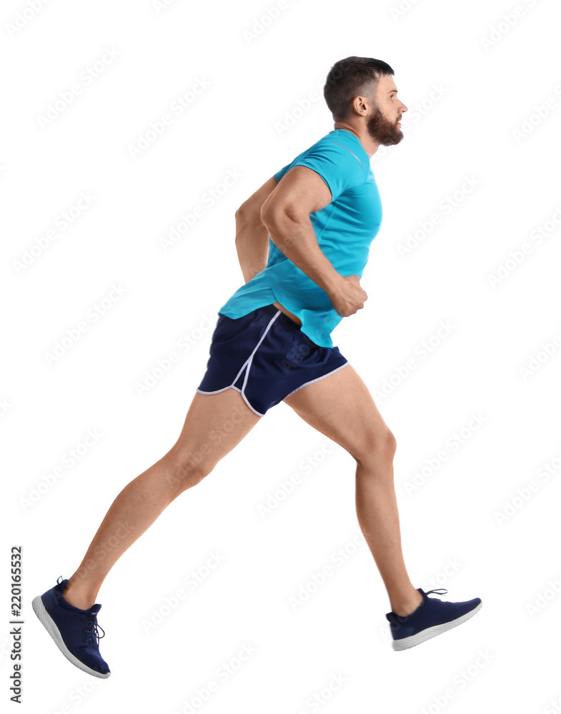 Young man in sportswear running on white background Young man in sportswear running on white background