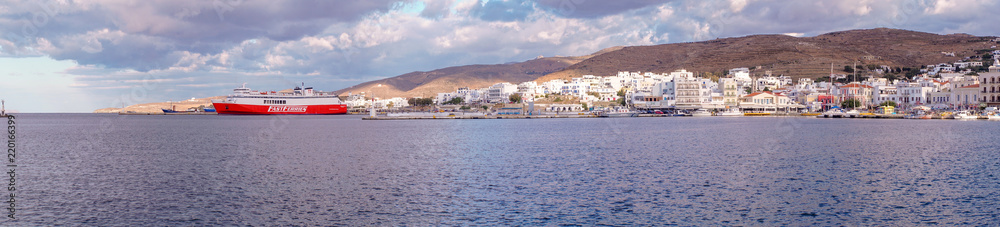 Panoramic view of Ferry in Tinos Port