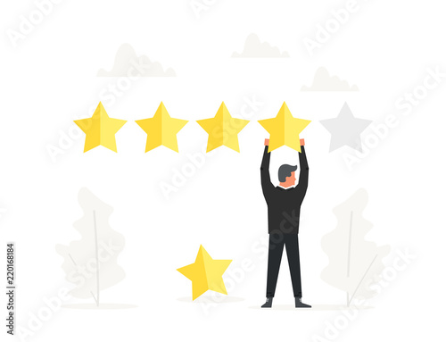 Businessman positive review and hold big Star over head. Rating, quality work, feedback, evaluation system. Illustration for presentations on white background
