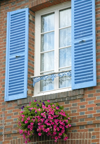 ville de Francheville, volets bleus ouverts et potée de fleurs roses, département de l'Eure, Normandie, France © Philippe Prudhomme