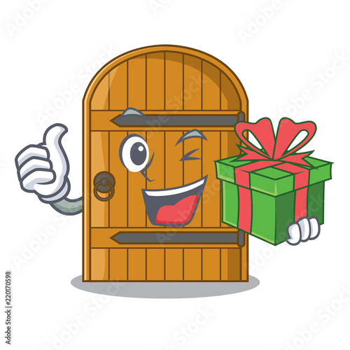 With gift large wooden door with cartoon handle